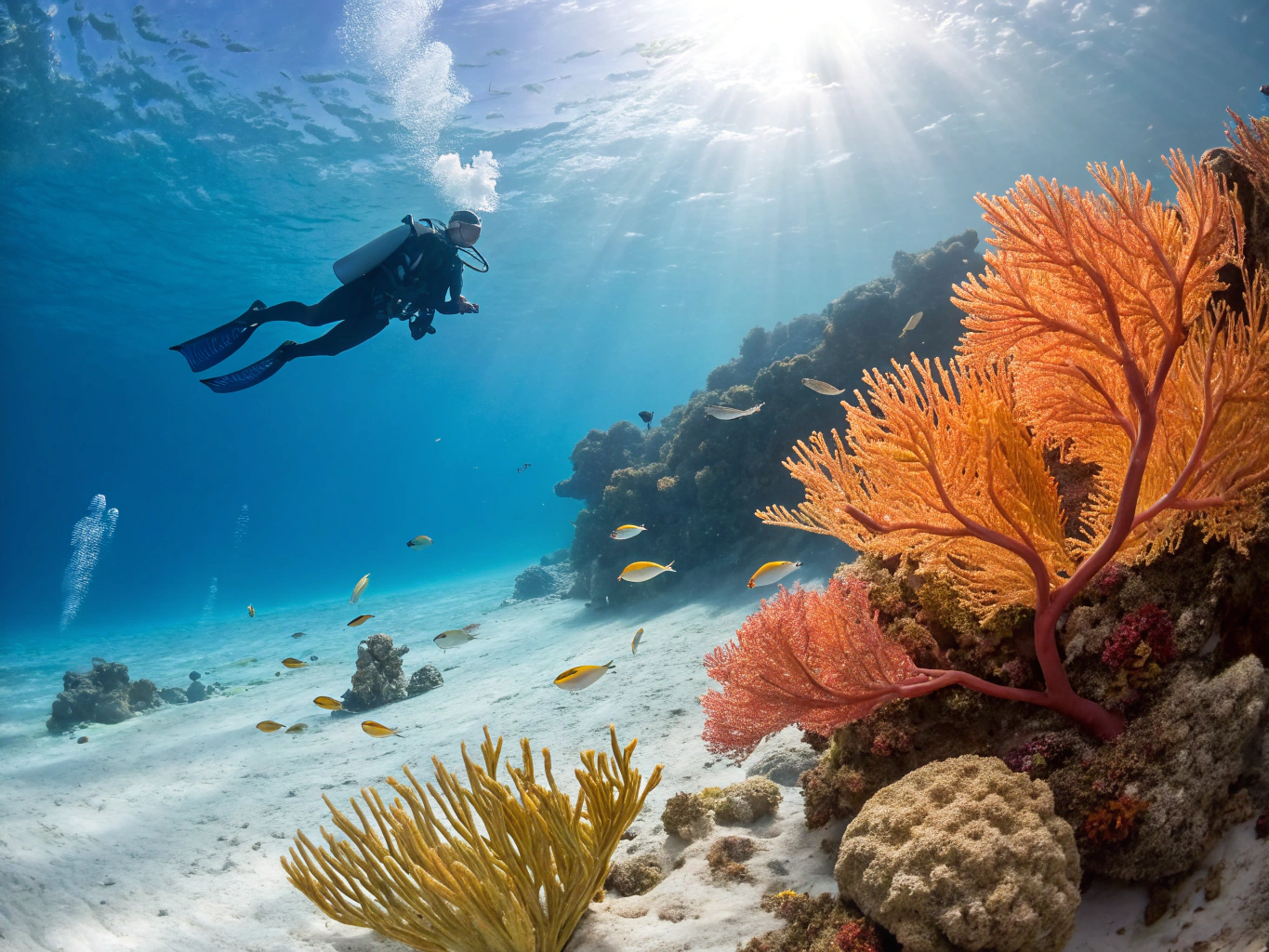 Diver gliding peacefully over vibrant Rangiroa coral reef