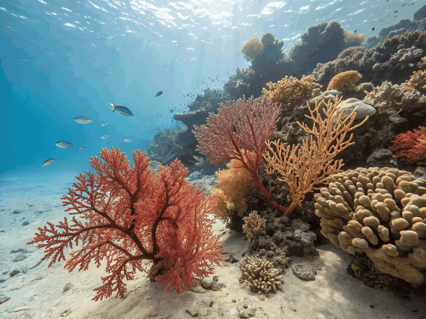 Sunlit coral gardens with bright schools of tropical damselfish and anthias