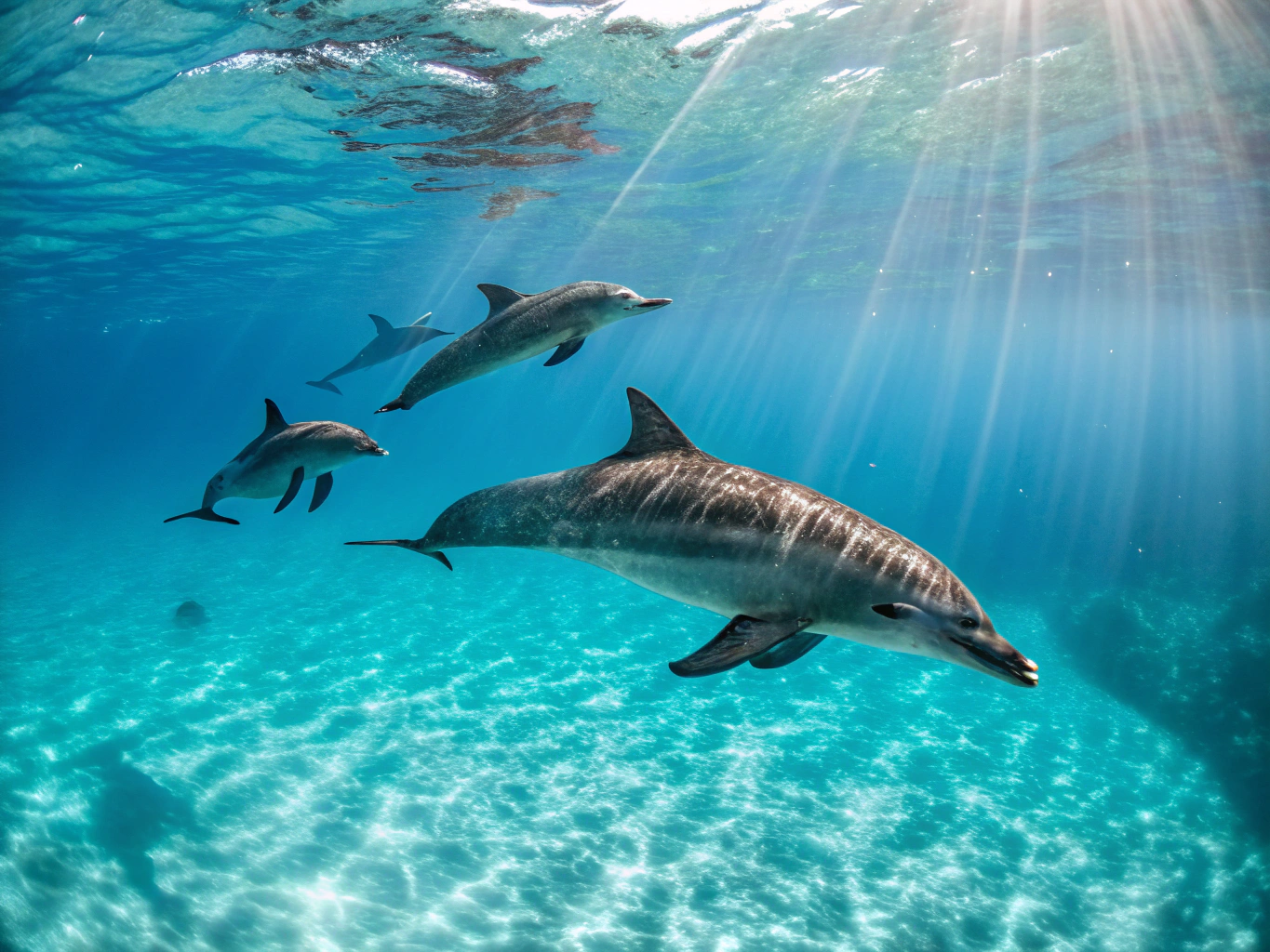 Playful bottlenose dolphins swimming in clear blue lagoon waters at Tiputa Pass