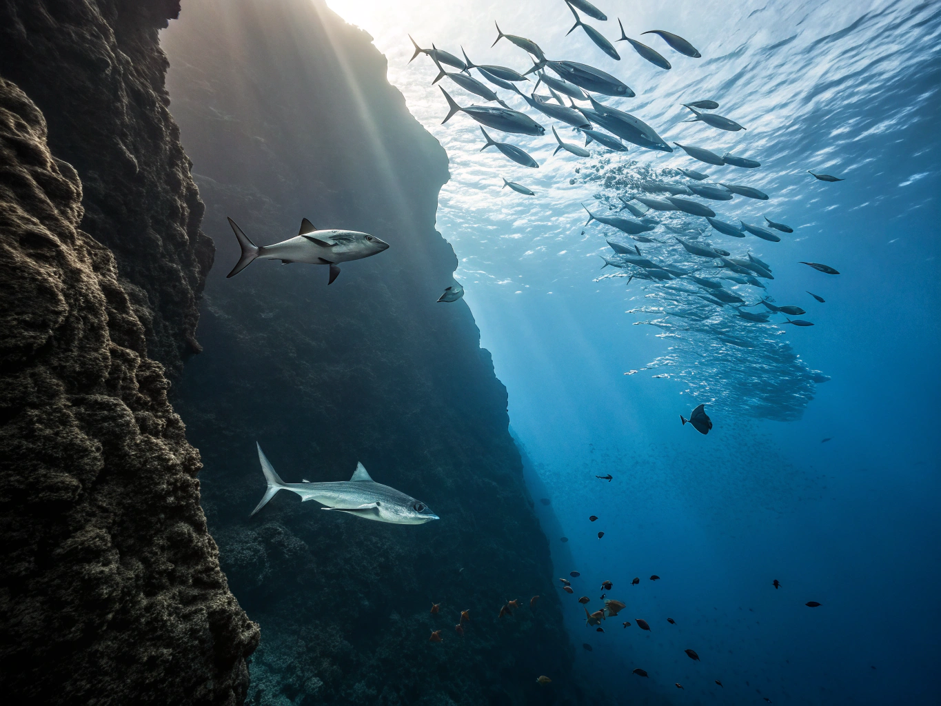 School of grey reef sharks swimming in formation in open blue ocean
