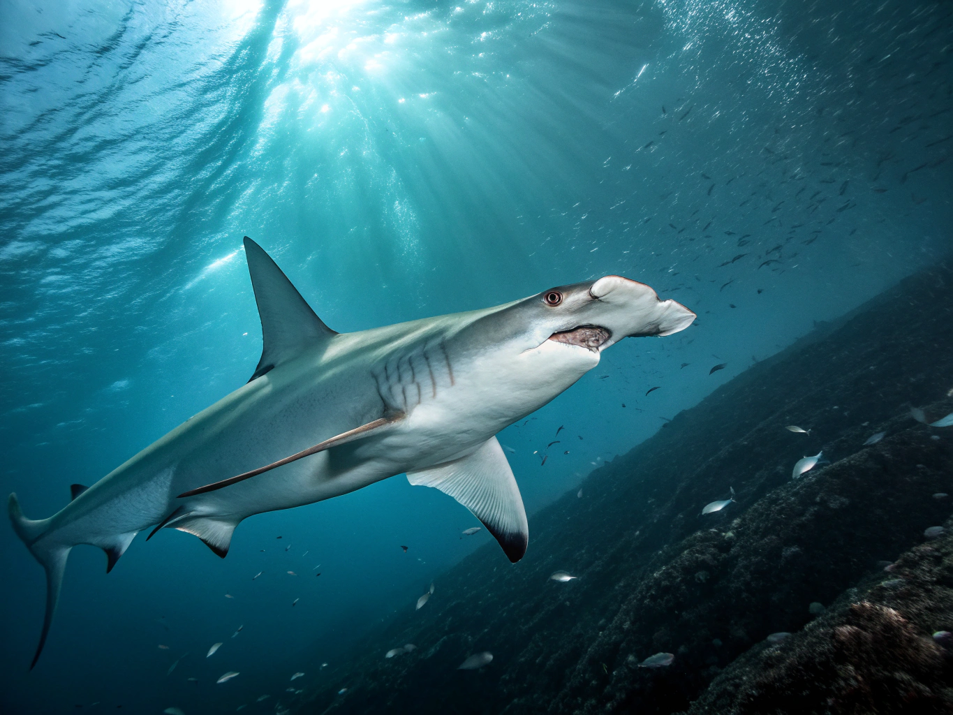 Large great hammerhead shark cruising through deep pelagic water