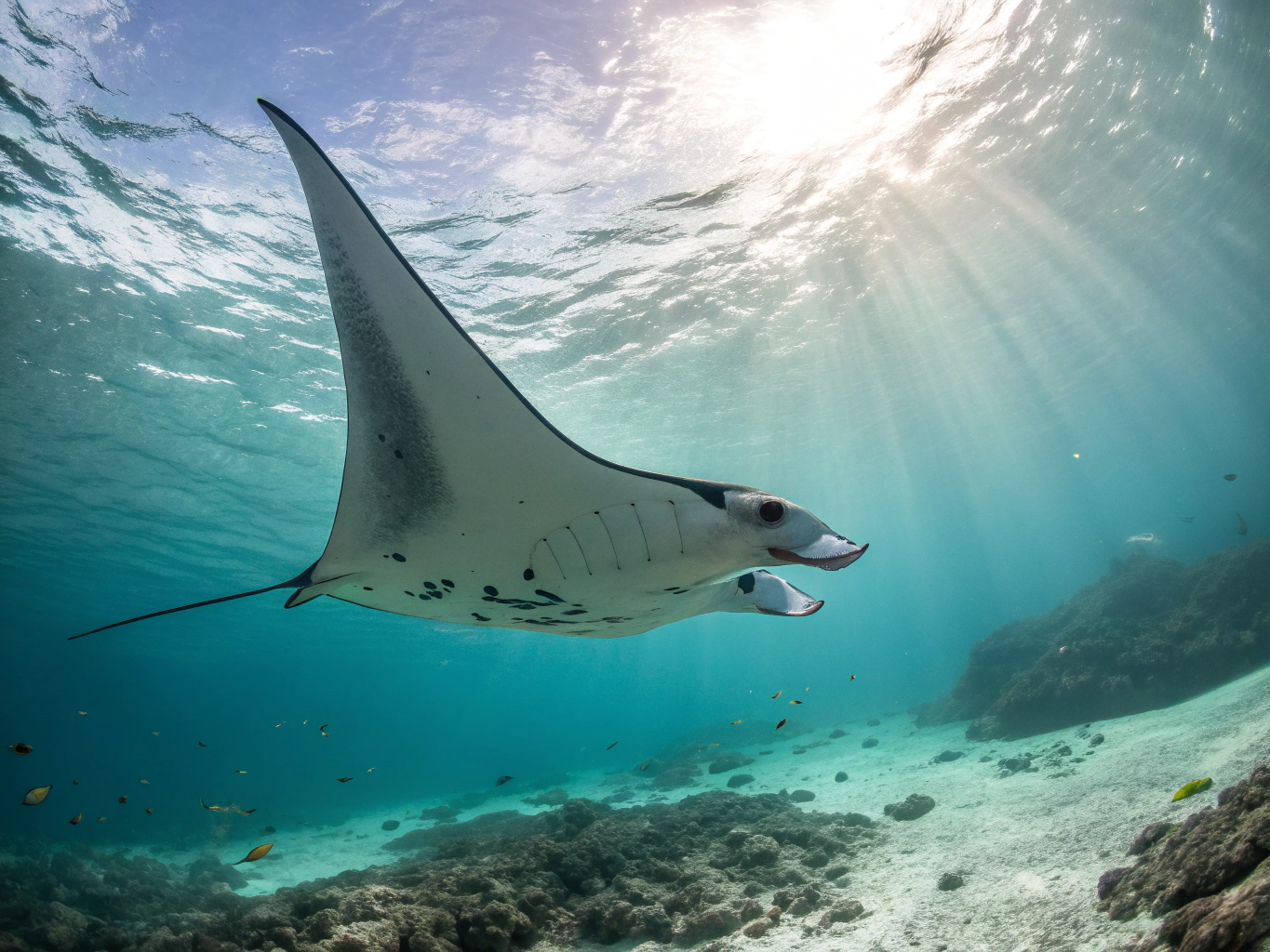 Oceanic manta ray gliding with wings spread over lush coral heads