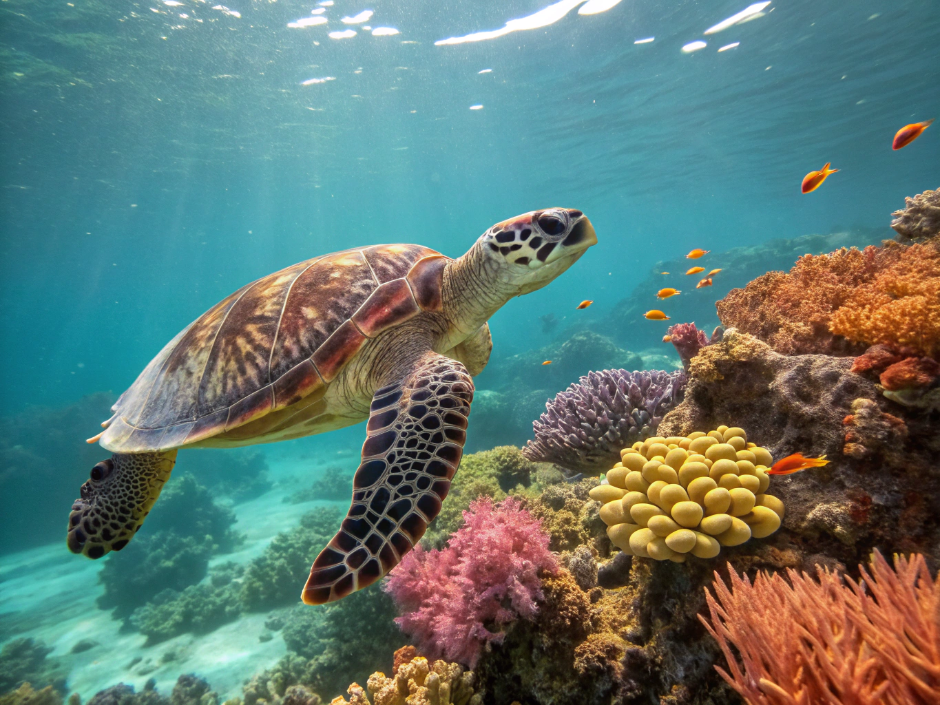 Hawksbill sea turtle resting among healthy coral reefs in turquoise lagoon water