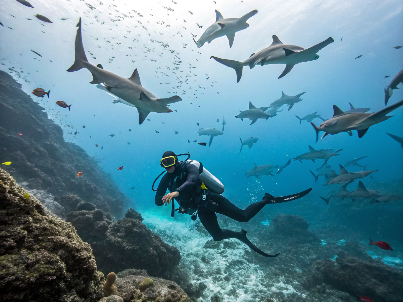 Great hammerhead shark cruising along Rangiroa drop-off