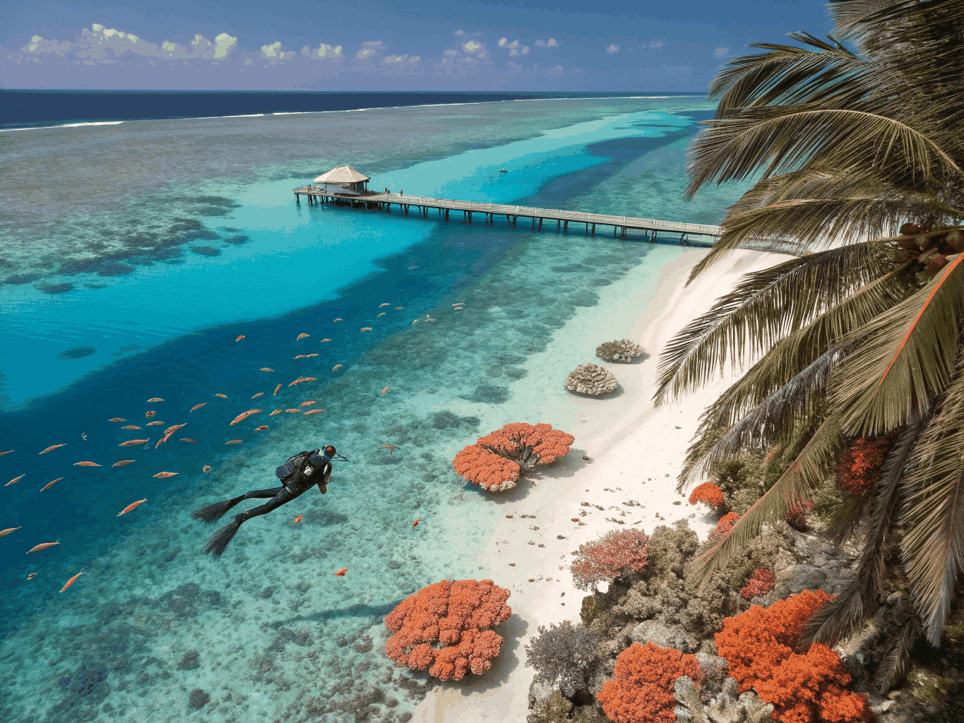 Dive boat navigating the atoll pass with divers ready to backroll
