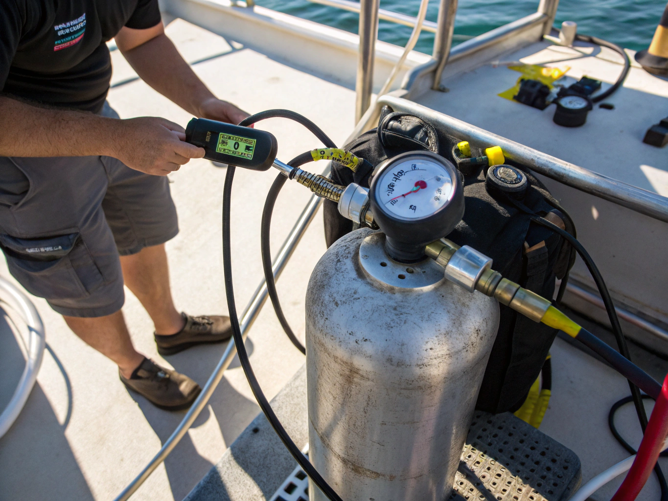 Diver checking oxygen analyzer gauge with scuba tank