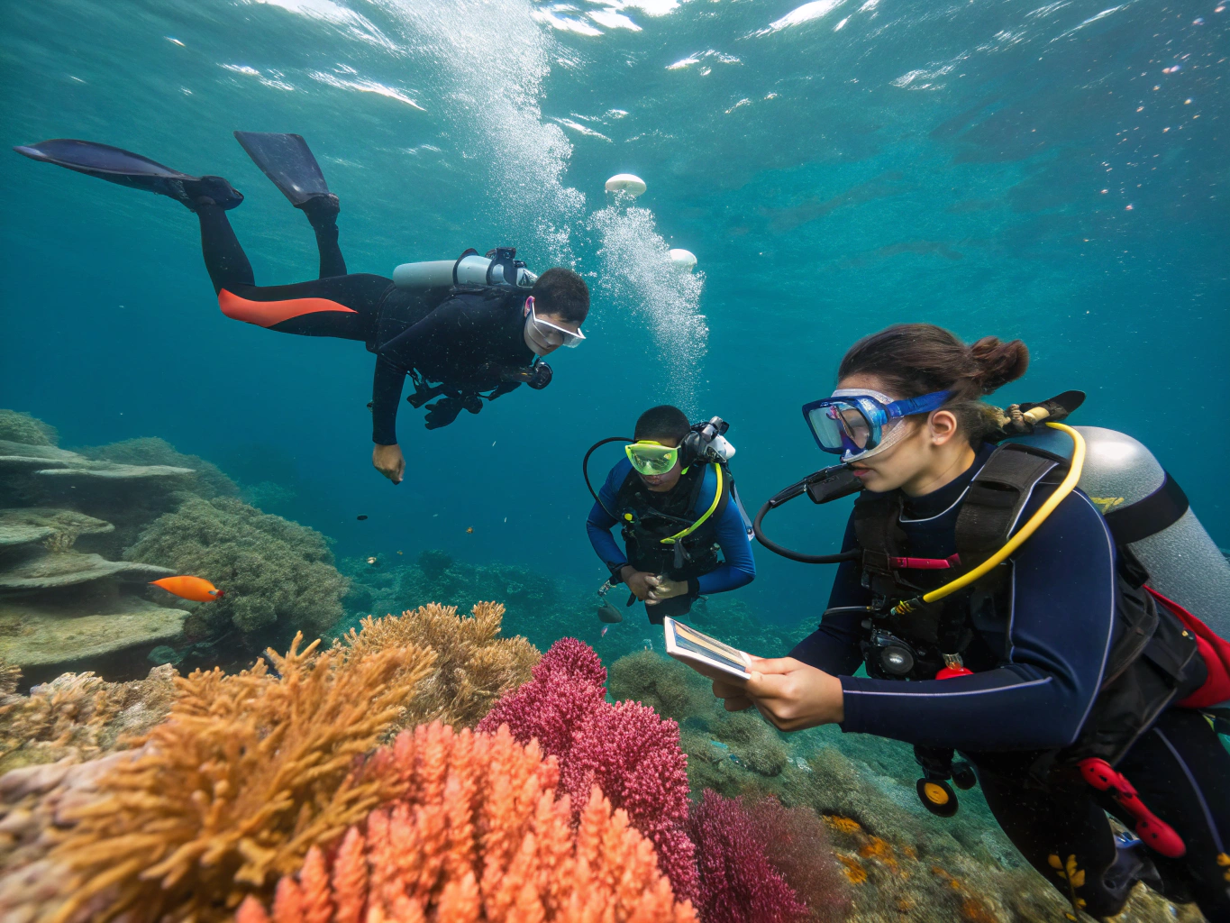 Dive instructor teaching student underwater hand signals in turquoise lagoon