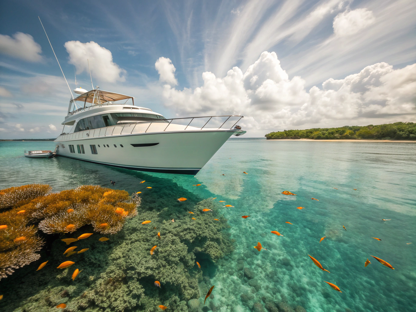 Private dive boat anchored near turquoise atoll beach