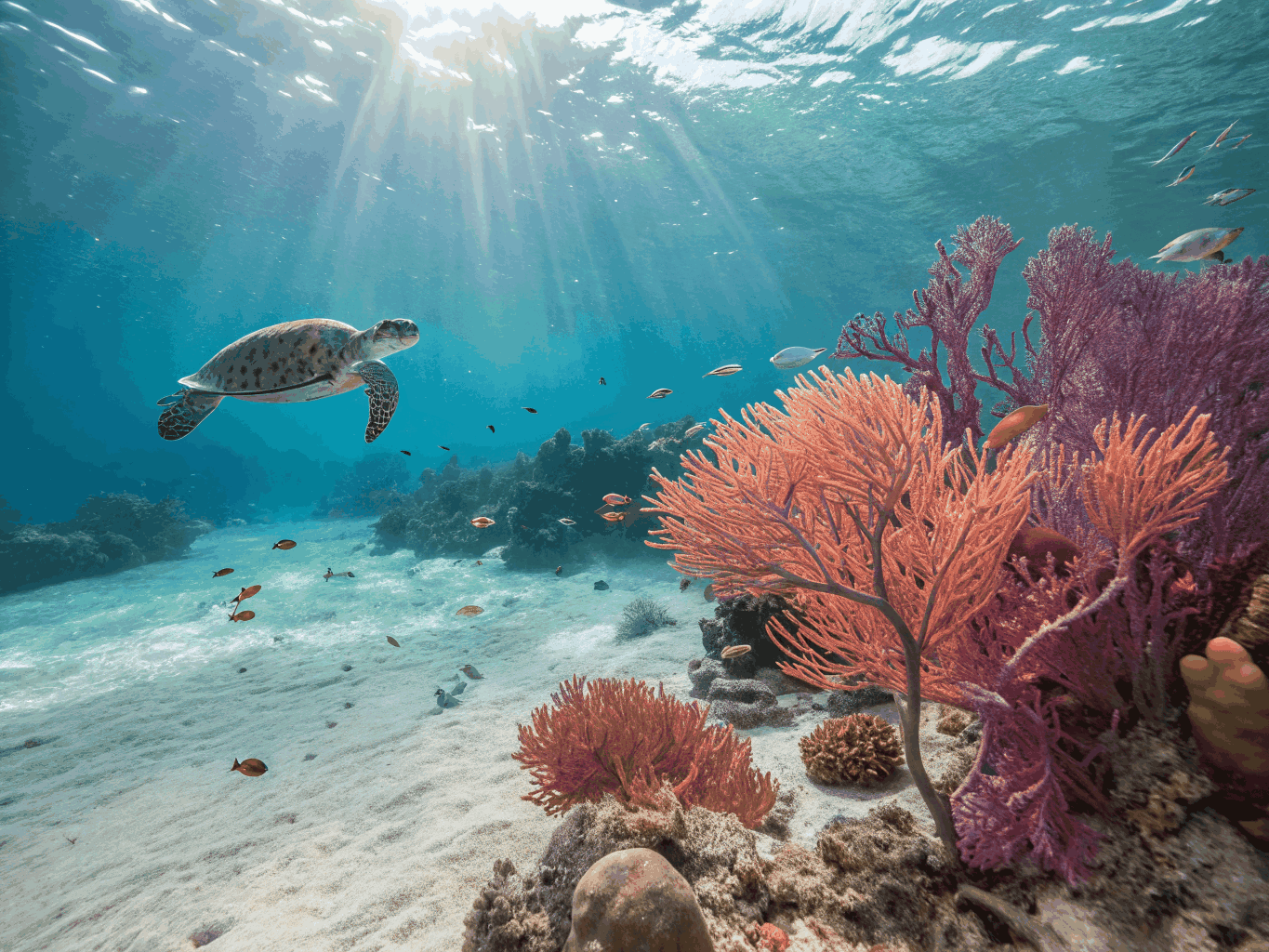 Vibrant coral garden with clownfish and sea turtles in Rangiroa lagoon