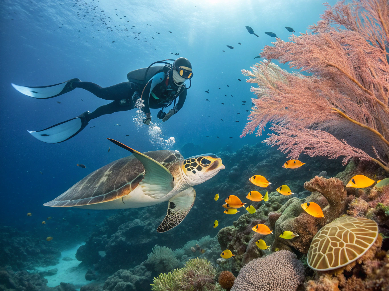 Scuba diver with underwater camera observing manta ray