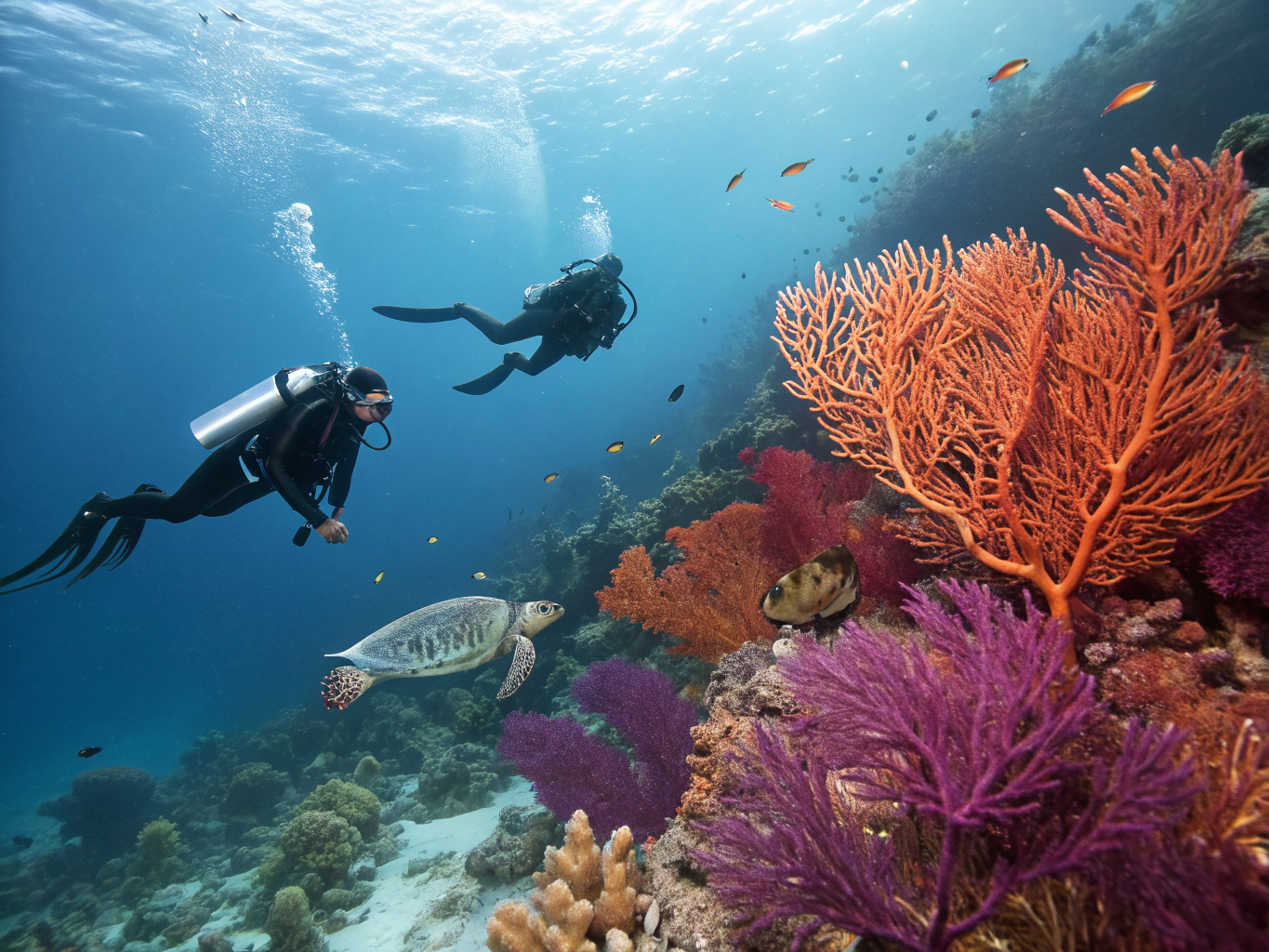 Scuba divers drifting alongside dolphins and sharks in Tiputa Pass Rangiroa